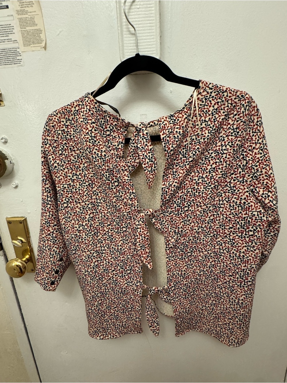 Zara Cream, Black and Red Abstract Print Back-Tie Blouse - Picture 3 of 5